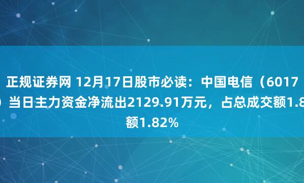 正规证券网 12月17日股市必读：中国电信（601728）当日主力资金净流出2129.91万元，占总成交额1.82%